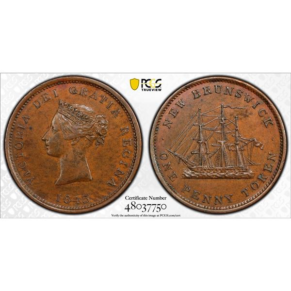CANADA: NEW BRUNSWICK: Victoria, 1837-1901, AE penny token, 1843, PCGS AU58