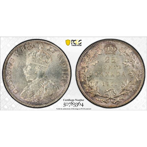 CANADA: George V, 1910-1936, AR 25 cents, 1911, PCGS UNC details