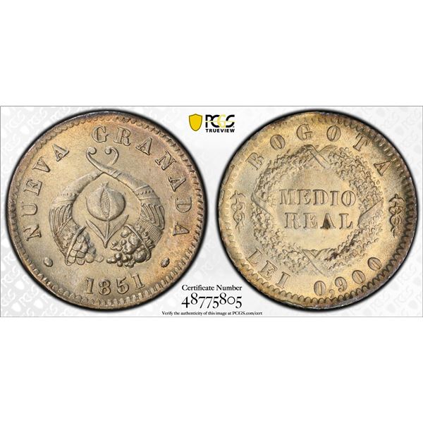 COLOMBIA: Nueva Granada, AR 1/2 real, Bogota, 1851, PCGS MS65