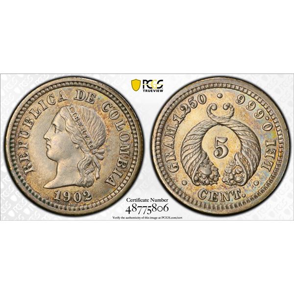 COLOMBIA: Republic, AR 5 centavos, 1902, PCGS MS63