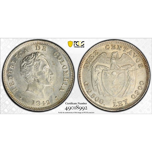 COLOMBIA: Republic, AR 10 centavos, 1942-B, PCGS MS64