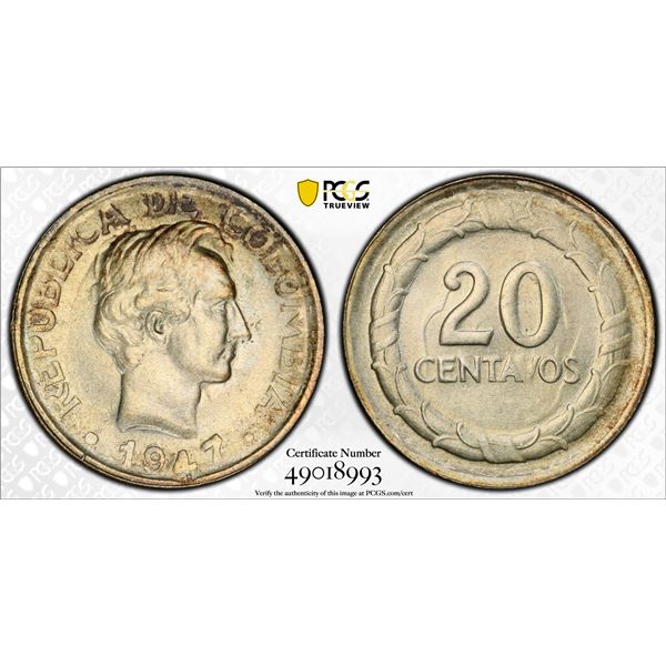 COLOMBIA: Republic, AR 20 centavos, 1947/5, PCGS MS64