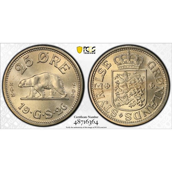 GREENLAND: Danish Colony, 25 øre, 1926, PCGS MS66