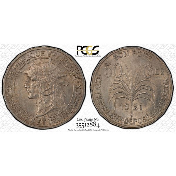 GUADELOUPE: French Colony, 50 centimes, 1921, PCGS MS62