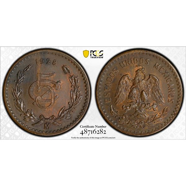 MEXICO: Estados Unidos, AE 5 centavos, 1928-Mo, PCGS MS63 BN
