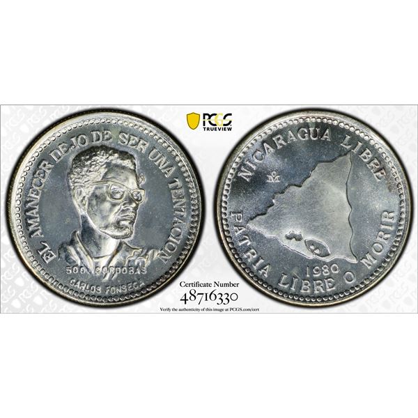 NICARAGUA: Republic, AR 500 cordobas, 1980-Mo, PCGS Proof 66
