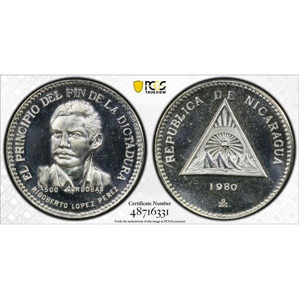 NICARAGUA: Republic, AR 500 cordobas, 1980-Mo, PCGS Proof 66 CAM
