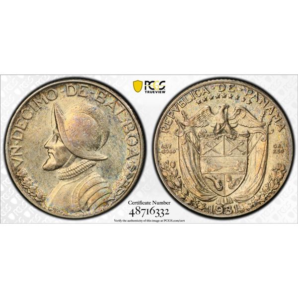 PANAMA: Republic, AR 1/10 balboa, 1931, PCGS AU details