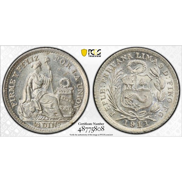 PERU: Republic, AR 1/2 dinero, 1911, PCGS MS65