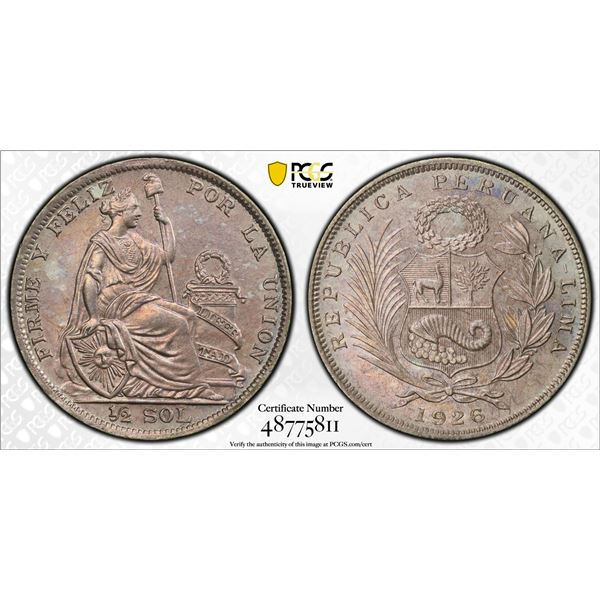 PERU: Republic, AR 1/2 sol, 1926-LIMA, PCGS AU details