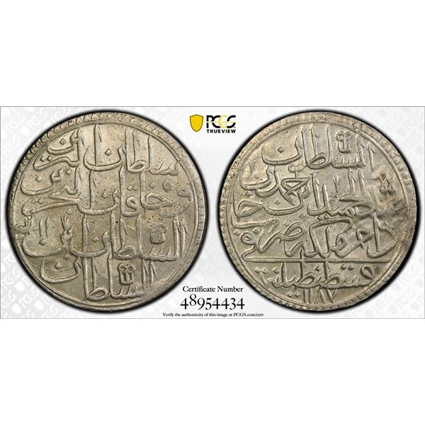 TURKEY (OTTOMAN): Abdul Hamid I, 1774-1789, AR 2 zolota (altmislik), Kostantiniye, AH1187 year 11, P