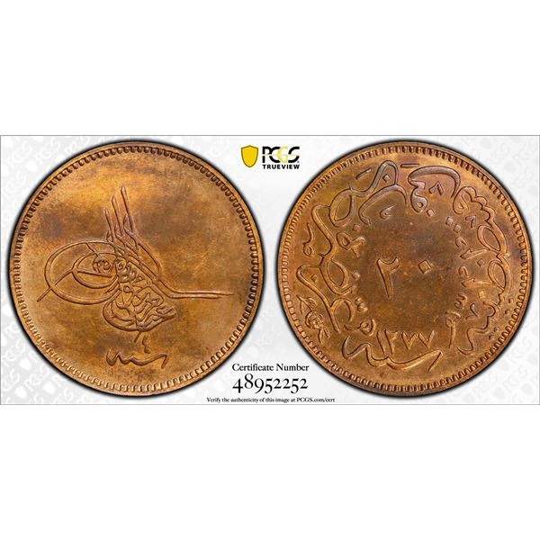 TURKEY (OTTOMAN): Abdul Aziz, 1861-1876, AE 20 para, Kostantiniye, AH1277 year 4, PCGS PF64 RB