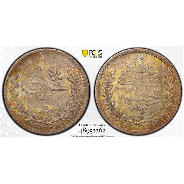 TURKEY (OTTOMAN): Abdul Hamid II, 1876-1909, AR 20 para, Kostantiniye, AH1293 year 1, PCGS MS63
