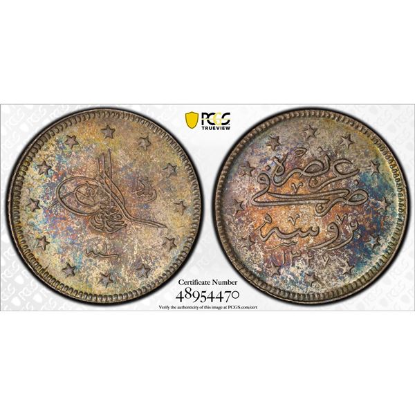TURKEY (OTTOMAN): Mehmet V, 1909-1918, AR 2 kurush, Bursa, AH1327 year 1, PCGS MS64