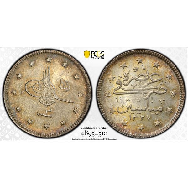 TURKEY (OTTOMAN): Mehmet V, 1909-1918, AR 2 kurush, Manastir, AH1327 year 3, PCGS MS64