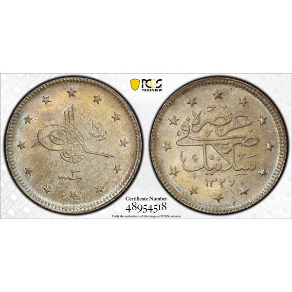 TURKEY (OTTOMAN): Mehmet V, 1909-1918, AR 2 kurush, Salanik, AH1327 year 3, PCGS MS64