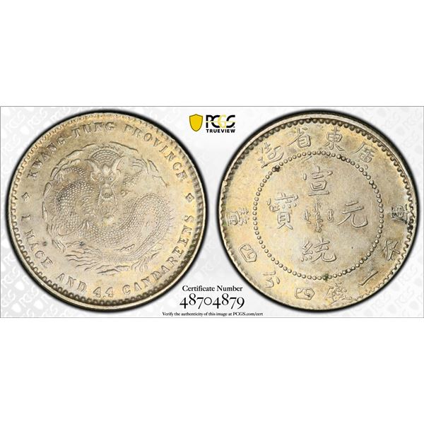CHINA: KWANGTUNG: Hsuan Tung, 1908-1911, AR 20 cents, ND (1909-11), PCGS AU55