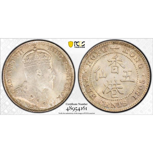 CHINA: HONG KONG: Edward VII, 1901-1910, AR 5 cents, 1905-H, PCGS MS66