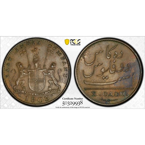 INDIA: MADRAS PRESIDENCY: AE 10 cash, 1803, PCGS UNC details