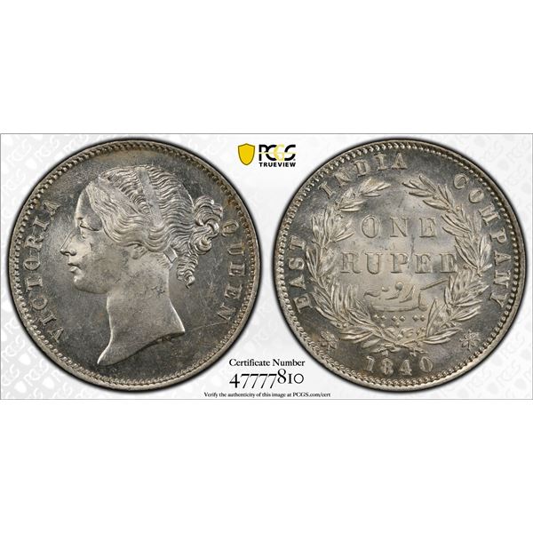 BRITISH INDIA: Victoria, Queen, 1837-1876, AR rupee, 1840b&c, PCGS MS63
