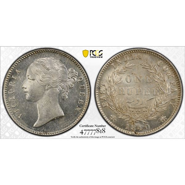 BRITISH INDIA: Victoria, Queen, 1837-1876, AR rupee, 1840b&c, PCGS MS62