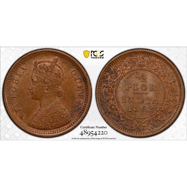 BRITISH INDIA: Victoria, Queen, 1837-1876, AE ½ pice, 1862(c), PCGS MS63 BN
