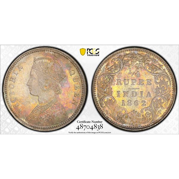 BRITISH INDIA: Victoria, Queen, 1837-1876, AR 1/4 rupee, 1862(c), PCGS MS64