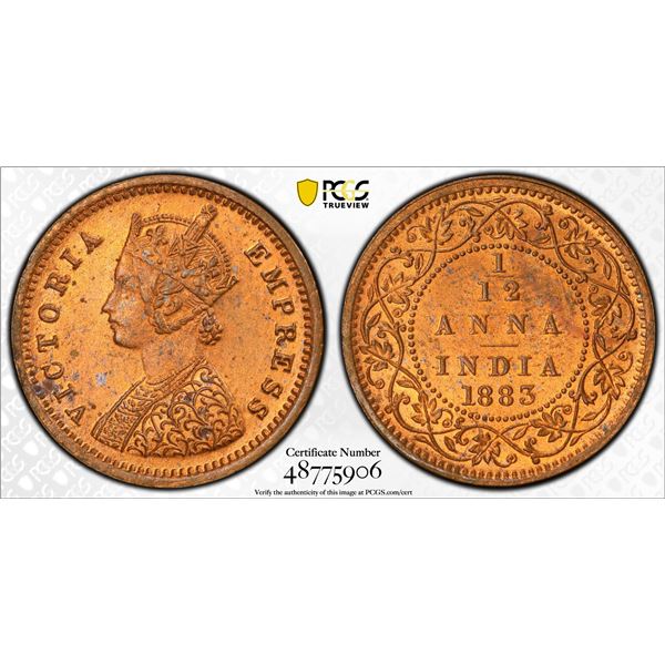BRITISH INDIA: Victoria, Empress, 1877-1901, AE 1/12 anna, 1883(b), PCGS MS64 RB