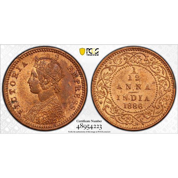 BRITISH INDIA: Victoria, Empress, 1876-1901, AE 1/12 anna, 1886(c), PCGS MS64 RB
