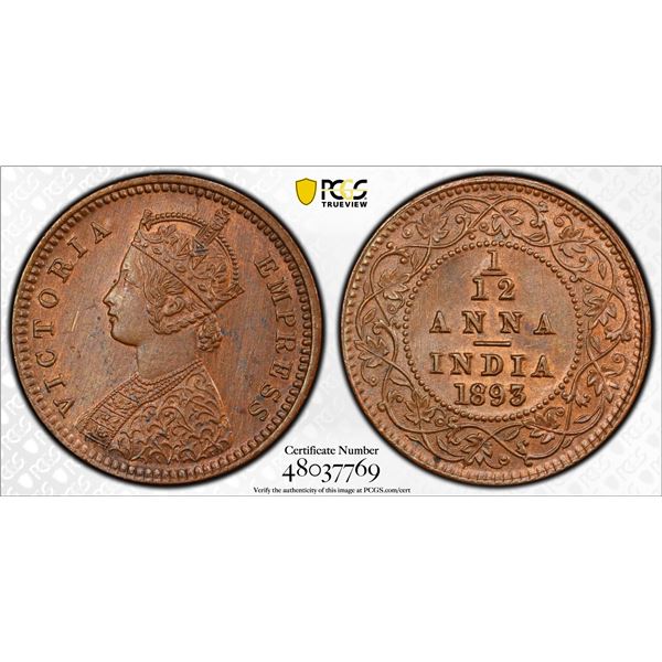 BRITISH INDIA: Victoria, Empress, 1876-1901, AE 1/12 anna (1 pie), 1893(c), PCGS UNC details