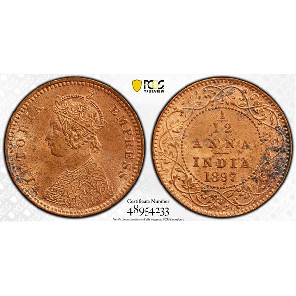 BRITISH INDIA: Victoria, Empress, 1876-1901, AE 1/12 anna, 1897(c), PCGS MS64 RB