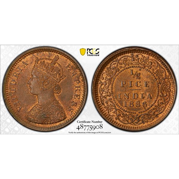 BRITISH INDIA: Victoria, Empress, 1877-1901, AE 1/2 pice, 1886, PCGS MS63 RB