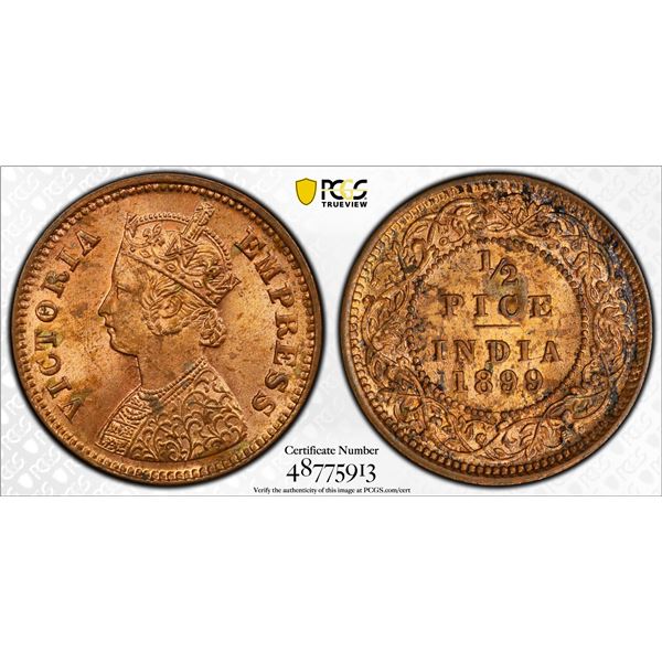 BRITISH INDIA: Victoria, Empress, 1877-1901, AE 1/2 pice, 1899, PCGS MS64 RB