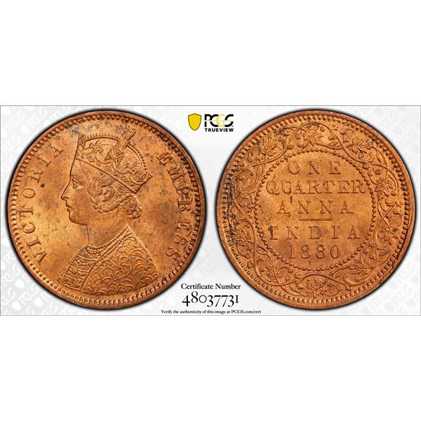 BRITISH INDIA: Victoria, Empress, 1876-1901, AE 1/4 anna, 1880-C, PCGS MS64 RB