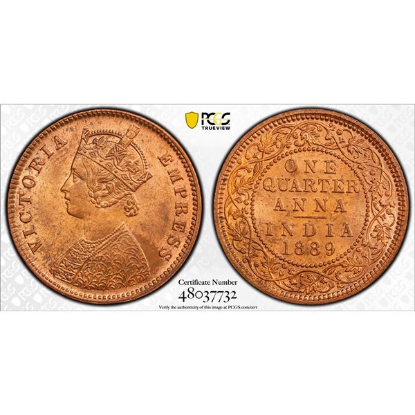 BRITISH INDIA: Victoria, Empress, 1876-1901, AE 1/4 anna, 1889(c), PCGS MS64 RB