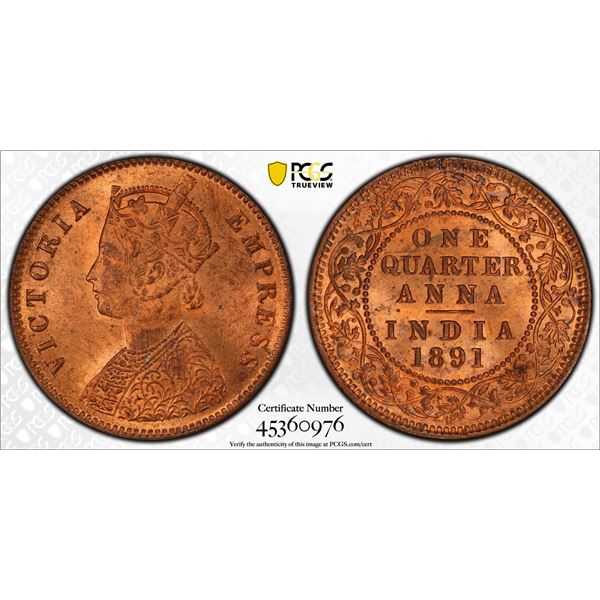 BRITISH INDIA: Victoria, Empress, 1876-1901, AE 1/4 anna, 1891(c), PCGS MS64 RB. CAC