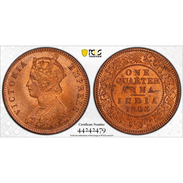 BRITISH INDIA: Victoria, Empress, 1876-1901, AE 1/4 anna, 1893(c), PCGS MS65 RD