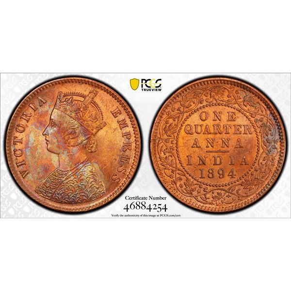 BRITISH INDIA: Victoria, Empress, 1876-1901, AE 1/4 anna, 1894(c), PCGS MS63 RB