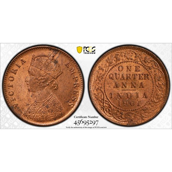 BRITISH INDIA: Victoria, Empress, 1876-1901, AE 1/4 anna, 1901(c), PCGS MS64 RB