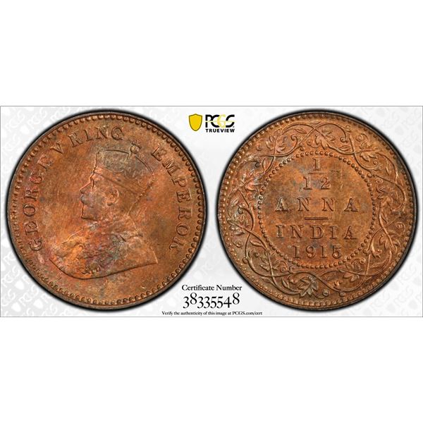 BRITISH INDIA: George V, 1910-1936, AE 1/12 anna, 1915(c), PCGS MS65 RB