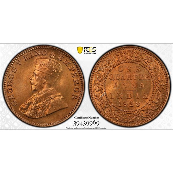 BRITISH INDIA: George V, 1910-1936, AE 1/4 anna, 1928(b), PCGS MS66 RD