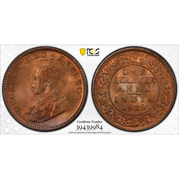 BRITISH INDIA: George V, 1910-1936, AE 1/4 anna, 1929(c), PCGS MS66 RB