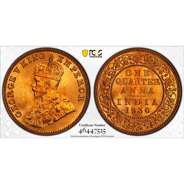 BRITISH INDIA: George V, 1910-1936, AE 1/4 anna, 1930(b), PCGS MS66 RD