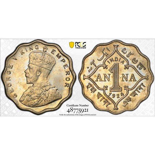BRITISH INDIA: George V, 1910-1936, 1 anna, 1924(c), PCGS MS64