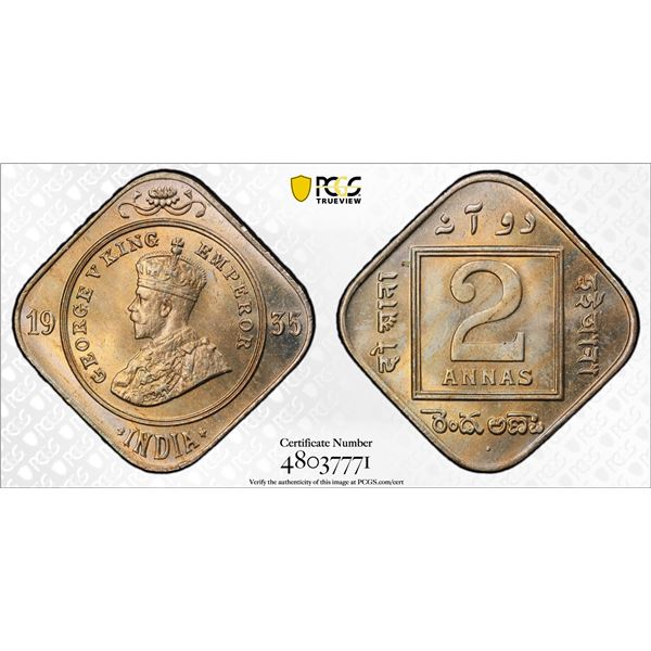 BRITISH INDIA: George V, 1910-1936, 2 annas, 1935(b), PCGS MS64