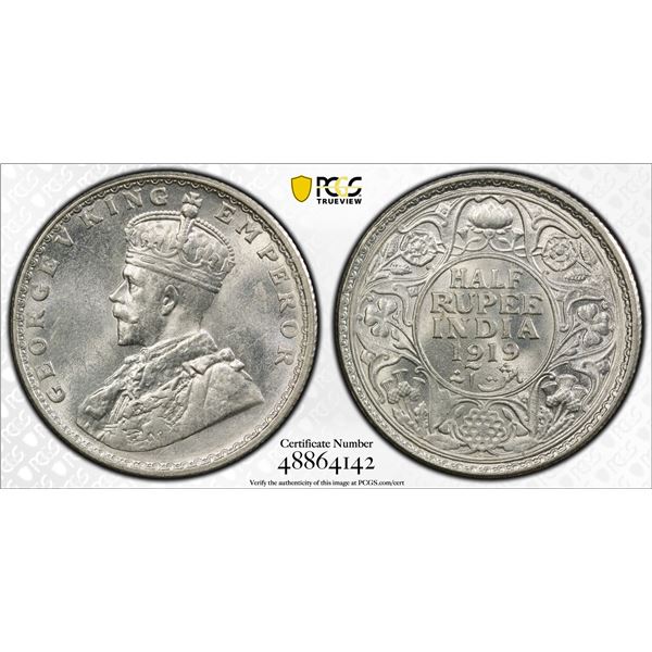 BRITISH INDIA: George V, 1910-1936, AR 1/2 rupee, 1919(b), PCGS MS63