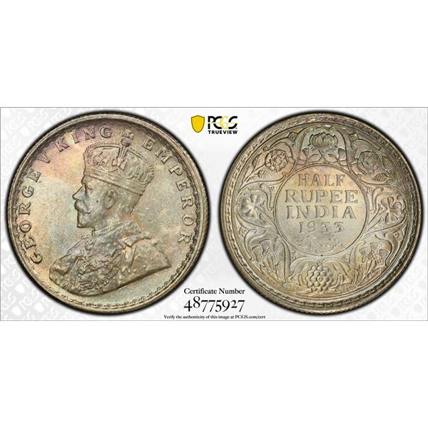BRITISH INDIA: George V, 1910-1936, AR 1/2 rupee, 1933(c), PCGS MS65 +