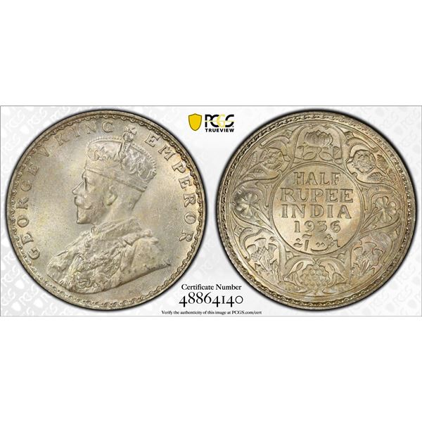 BRITISH INDIA: George V, 1910-1936, AR 1/2 rupee, 1936(b), PCGS MS65