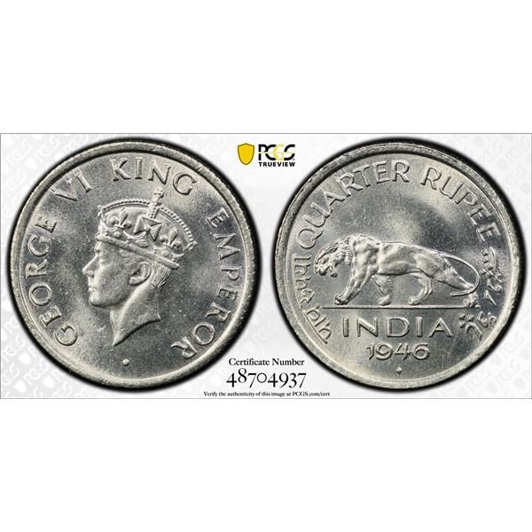 BRITISH INDIA: George VI, 1936-1952, 1/4 rupee, 1946(b), PCGS MS63