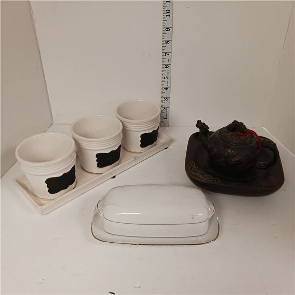 Lot of 3 Ceramic Planters + Butter Dish + Asian Teapot